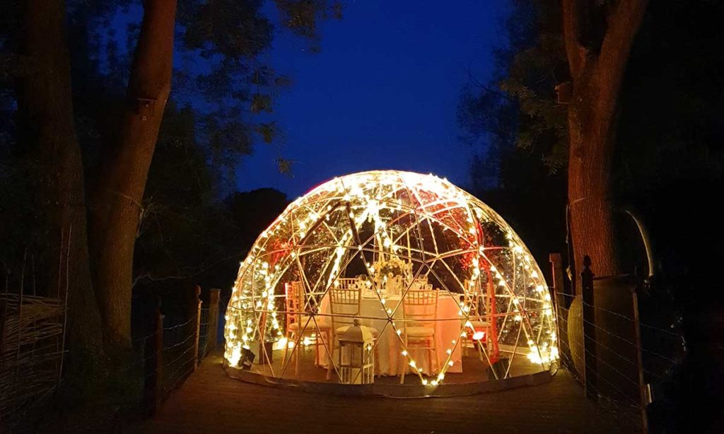 A geodesic dome at night from outside — fairy lights on the frame, warm golden glow inside, deep blue sky behind