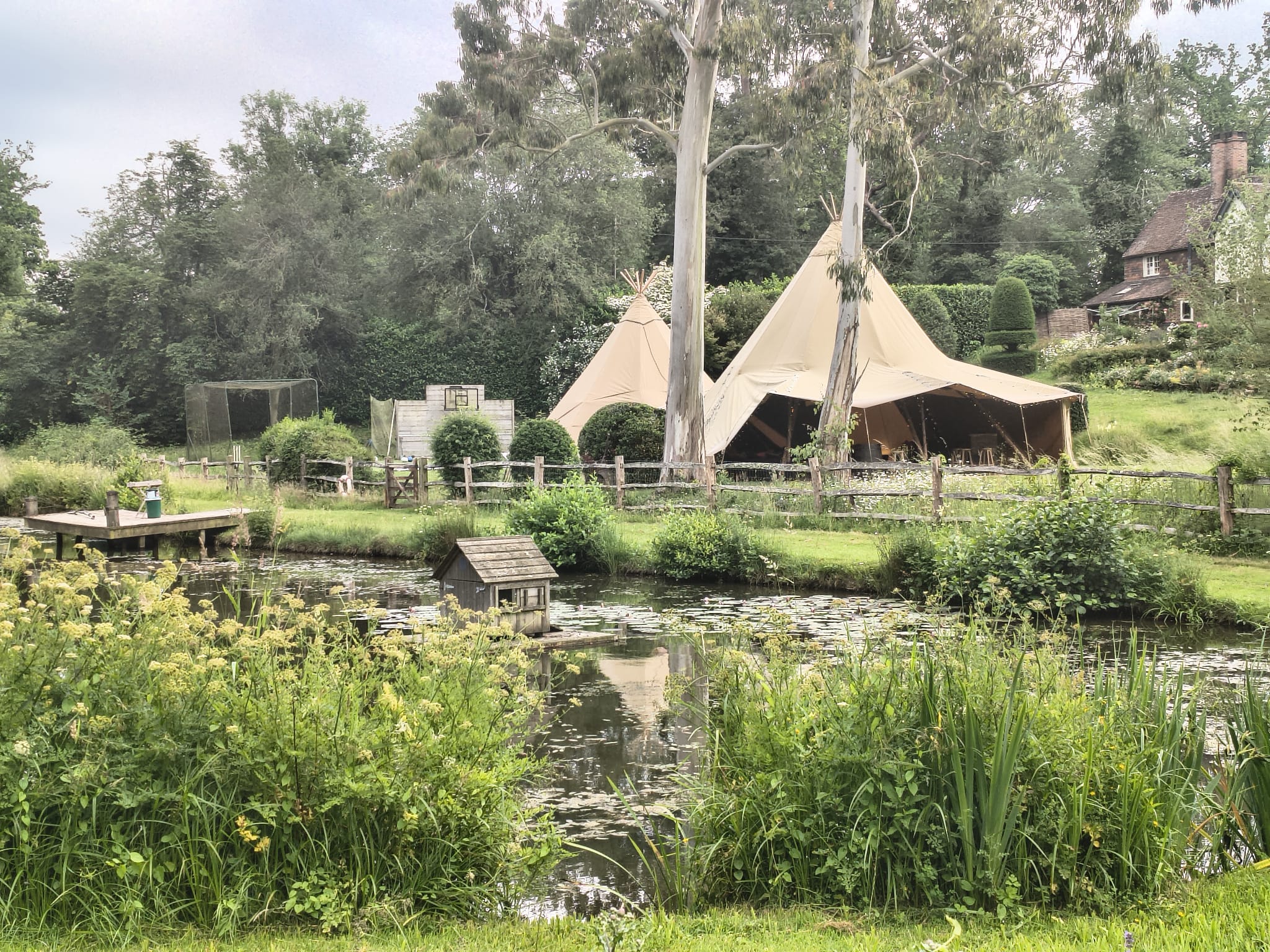 Twin tipis beside a lily pond and timber jetty, framed by tall eucalyptus and a cottage among the trees